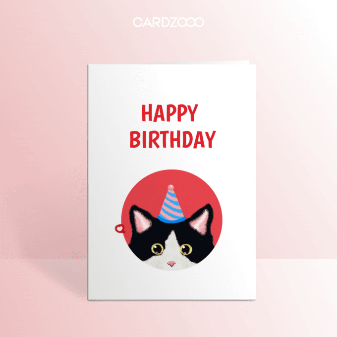 Editable Minimalist Happy Birthday Card, Cute Black White Cat With Hat, CARDZOOO Fluffy Series, Minimalism, Digital Download