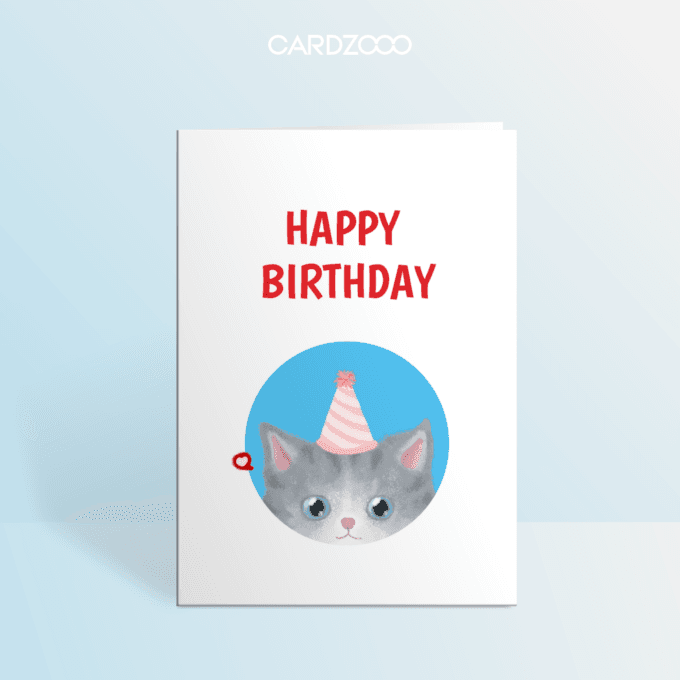 Editable Minimalist Happy Birthday Card, Cute American Shorthair Cat With Hat, CARDZOOO Fluffy Series, Minimalism, Digital Download