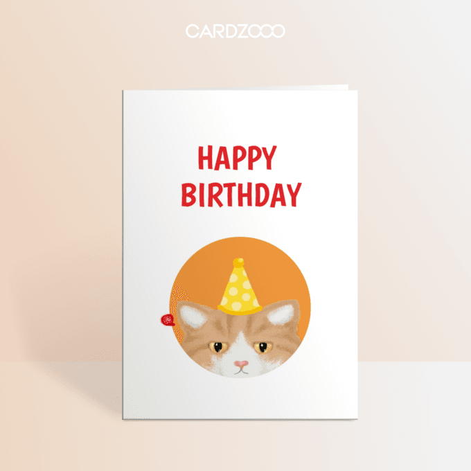 Editable Minimalist Happy Birthday Card, Cute Ginger Cat With Hat, CARDZOOO Fluffy Series, Minimalism, Digital Download