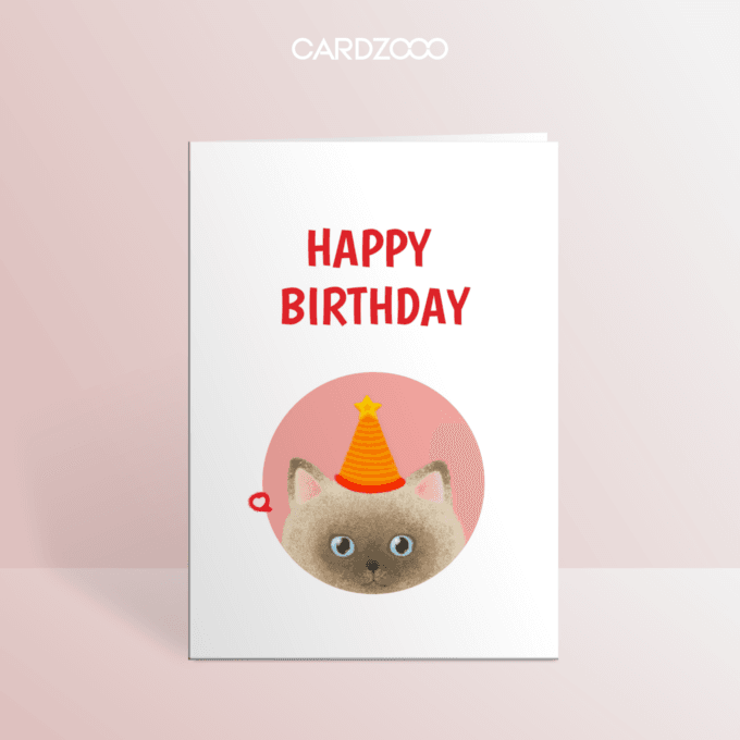 Editable Happy Birthday Card, Cute Siamese Cat With Hat, CARDZOOO Fluffy Series, Minimalism, Digital Download