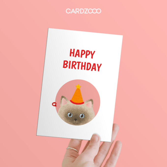 Make someone's birthday extra special with this adorable Cat-Themed Birthday Card! 🎉🐾 Featuring a charming brown kitten wearing a festive orange-striped party hat with a golden star on top, set against a soft pink circle, this minimalist design exudes warmth and celebration. The bold "Happy Birthday" text adds a cheerful and fun touch, making it ideal for any cat lover’s birthday.