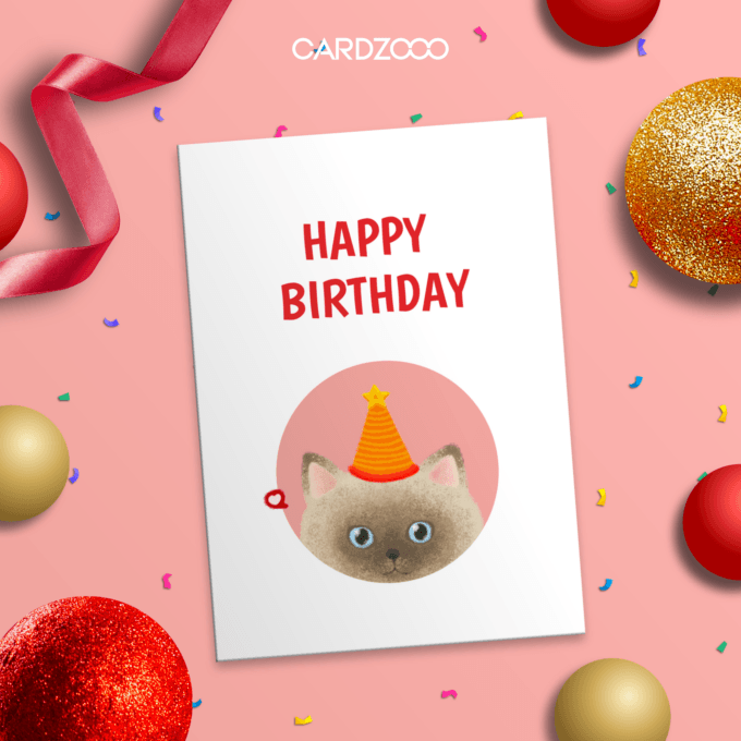 Playful and minimalist cat-themed design. Perfect for birthdays of all ages. Digital download for easy printing at home or with professional services.