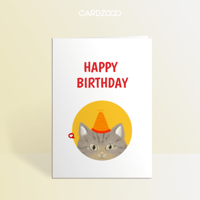 Editable Minimalist Happy Birthday Card, Cute Dragon Li Cat With Hat, CARDZOOO Fluffy Series, Minimalism, Digital Download