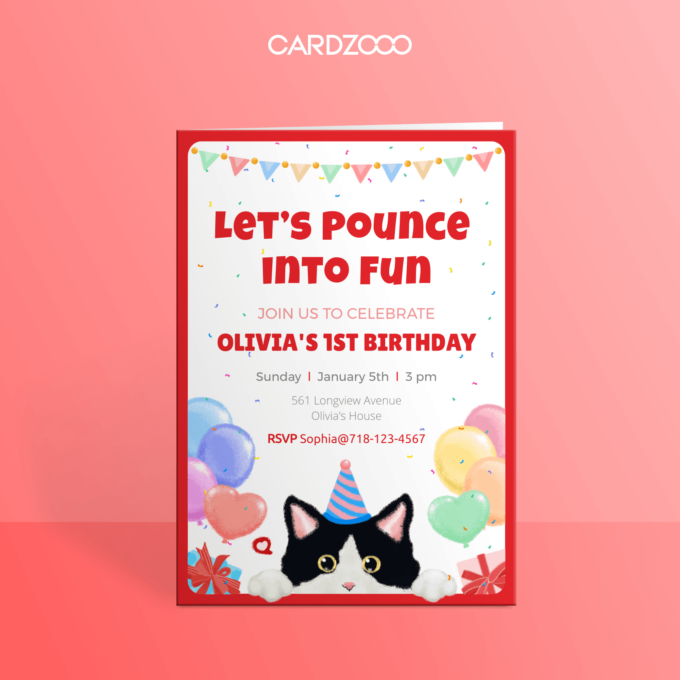 Cute Cow Cat With Hat, Balloons 1st Birthday Party Invitation With RSVP, CARDZOOO Fluffy Series, Red theme, Digital Download Editable