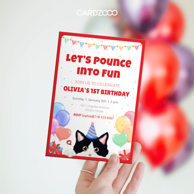 LET'S POUNCE INTO FUN Editable Black White Cat Birthday Party Invitation