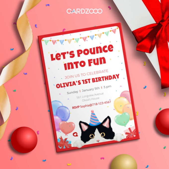 Cute Cow Cat With Hat and Balloons 1st Birthday Party Invitation With RSVP, CARDZOOO Fluffy Series, Red theme, Digital Download Editable | Birthday Party Invitation | children's birthday party invitations​ | birthday party invitation message​