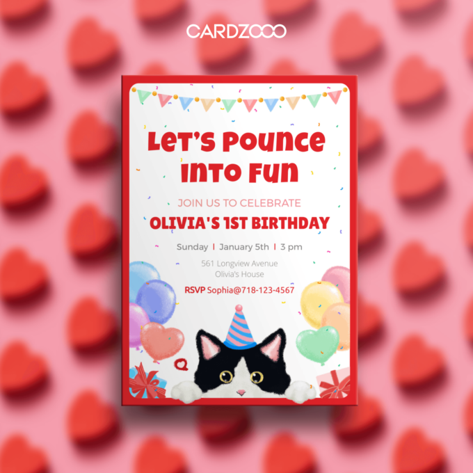 Cute Cow Cat With Hat and Balloons 1st Birthday Party Invitation With RSVP, CARDZOOO Fluffy Series, Red theme, Digital Download Editable | Birthday Party Invitation | children's birthday party invitations​ | birthday party invitation message​