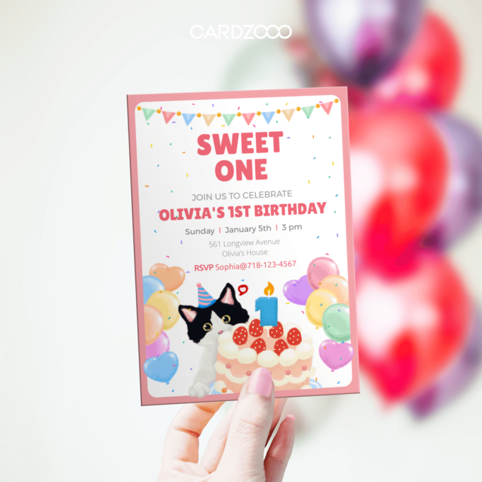 Cute Cow Cat With Hat, Balloons and Cake, For the 1st Birthday Party Invitation With RSVP, CARDZOOO Fluffy Series, Pink theme, Digital Download Editable | birthday party invitations​ | birthday party invitation​