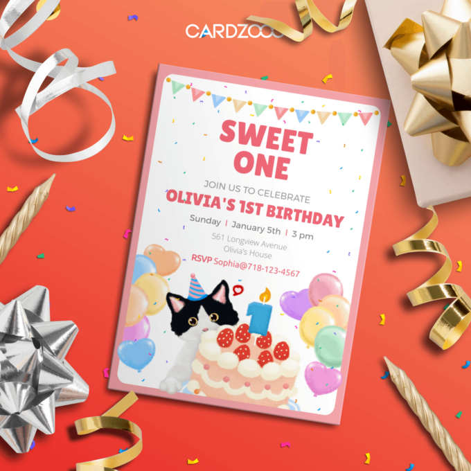 Make your little one’s first birthday unforgettable with this charming "Sweet One" Cat-Themed Birthday Invitation! 🎂 Featuring a playful kitten wearing a party hat, a festive birthday cake, and colorful balloons, this design radiates joy and celebration. The vibrant layout and whimsical details make it perfect for a fun and memorable event.