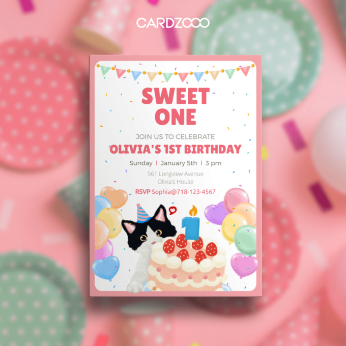 Make your little one’s first birthday unforgettable with this charming "Sweet One" Cat-Themed Birthday Invitation! 🎂 Featuring a playful kitten wearing a party hat, a festive birthday cake, and colorful balloons, this design radiates joy and celebration. The vibrant layout and whimsical details make it perfect for a fun and memorable event.