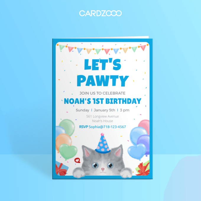 Cute American Shorthair Cat With Hat, Balloons, For the 1st Birthday Party Invitation With RSVP, CARDZOOO Fluffy Series, Blue theme, Digital Download Editable