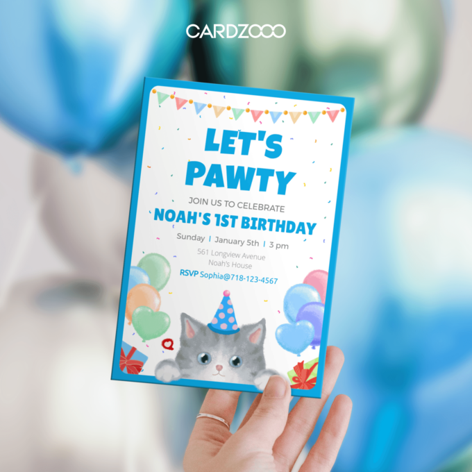 Get ready to “pawty” with this adorable Cat-Themed 1st Birthday Invitation! 🐾 Perfect for celebrating Noah's big milestone, this design features a charming gray kitten in a party hat, surrounded by colorful balloons, confetti, and playful banners. With a bright blue theme, it’s ideal for a fun-filled and memorable celebration.