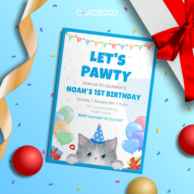 Cute American Shorthair Cat With Hat, Balloons, For the 1st Birthday Party Invitation With RSVP, CARDZOOO Fluffy Series, Blue theme, Digital Download Editable