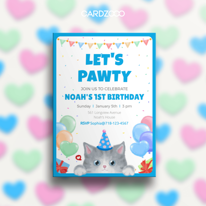 Get ready to “pawty” with this adorable Cat-Themed 1st Birthday Invitation! 🐾 Perfect for celebrating Noah's big milestone, this design features a charming gray kitten in a party hat, surrounded by colorful balloons, confetti, and playful banners. With a bright blue theme, it’s ideal for a fun-filled and memorable celebration.