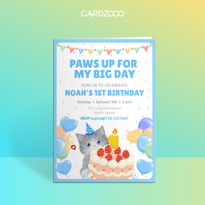 Cute American Shorthair Cat With Hat, Balloons and Cake, For the 1st Birthday Party Invitation With RSVP, CARDZOOO Fluffy Series With RSVP, Blue theme, Digital Download Editable