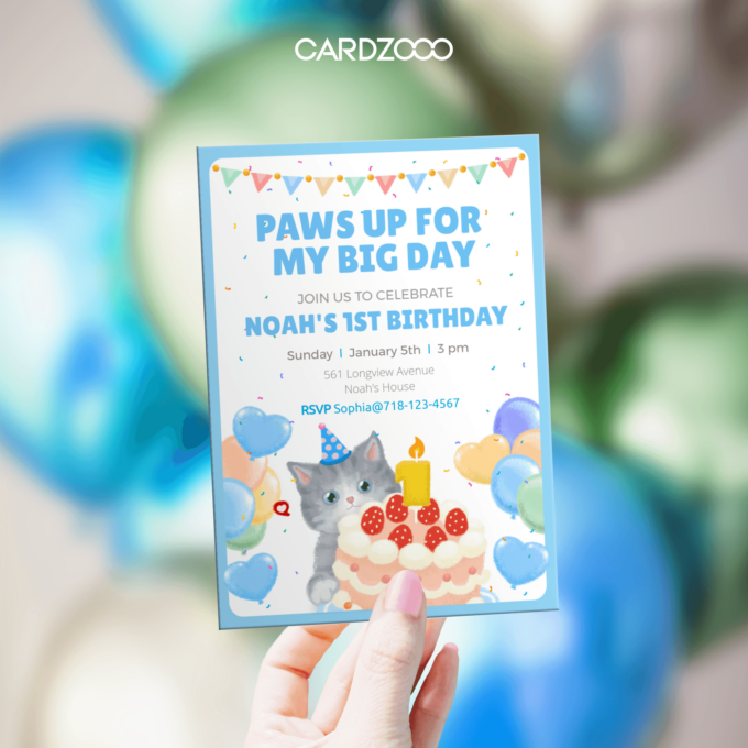 Celebrate Noah’s big milestone with this adorable Cat-Themed 1st Birthday Invitation! 🐾 Featuring a charming gray kitten in a party hat, a festive birthday cake with a glowing “1” candle, and colorful balloons and confetti, this design is a perfect mix of playful and delightful. The soft blue theme adds a touch of sweetness to this special celebration.