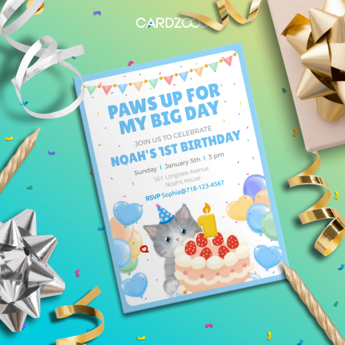 Cute American Shorthair Cat With Hat, Balloons and Cake, For the 1st Birthday Party Invitation With RSVP, CARDZOOO Fluffy Series With RSVP, Blue theme, Digital Download Editable