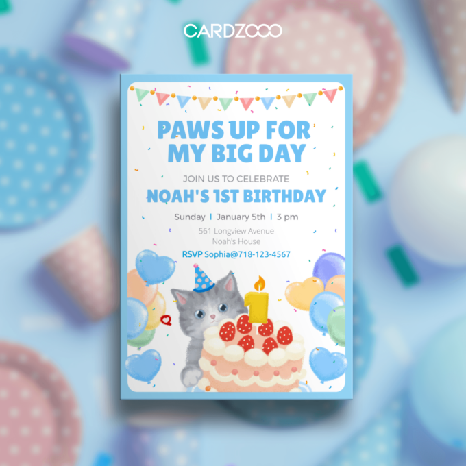 Celebrate Noah’s big milestone with this adorable Cat-Themed 1st Birthday Invitation! 🐾 Featuring a charming gray kitten in a party hat, a festive birthday cake with a glowing “1” candle, and colorful balloons and confetti, this design is a perfect mix of playful and delightful. The soft blue theme adds a touch of sweetness to this special celebration.