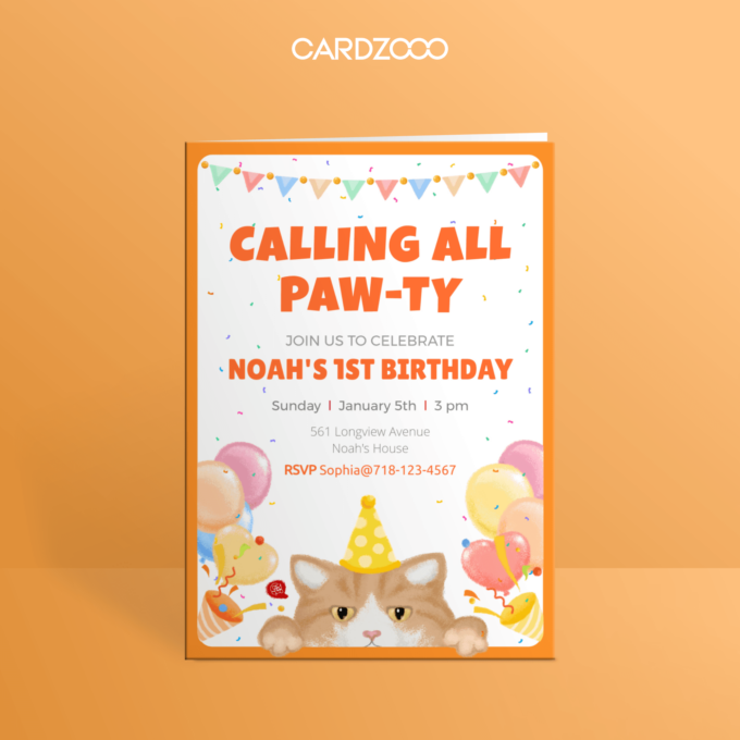 Cute Ginger Cat With Hat Birthday Card, Balloons, For the 1st Birthday Party Invitation With RSVP, CARDZOOO Fluffy Series With RSVP, Orange theme, Digital Download Editable