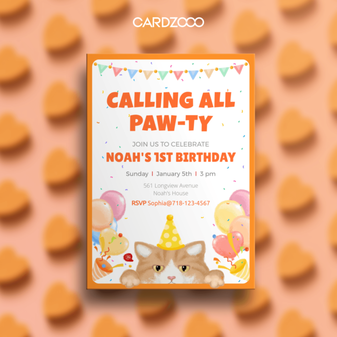 Invite everyone to "paw-ty" with this delightful Cat-Themed 1st Birthday Invitation! 🧡 Featuring a cute orange kitten wearing a party hat, playful confetti, balloons, and festive bunting, this design exudes joy and charm. With its warm orange tones, it’s perfect for Noah’s first milestone celebration, making the occasion even more special.