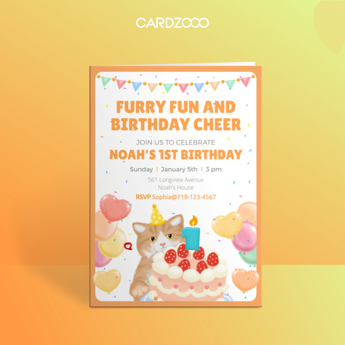 Cute Ginger Cat With Hat, Balloons and Cake, For the 1st Birthday Party Invitation With RSVP, CARDZOOO Fluffy Series With RSVP, Orange theme, Digital Download Editable