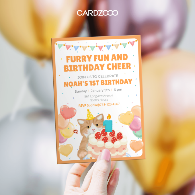 Bring “furry fun and birthday cheer” to life with this adorable Cat-Themed 1st Birthday Invitation! 🎂🐾 Featuring a playful orange kitten with a party hat, a festive birthday cake with a “1” candle, colorful balloons, and confetti, this design exudes joy and celebration. Perfect for making Noah’s milestone birthday extra special!