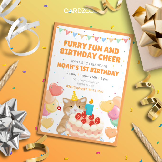 Cute Ginger Cat With Hat, Balloons and Cake, For the 1st Birthday Party Invitation With RSVP, CARDZOOO Fluffy Series With RSVP, Orange theme, Digital Download Editable