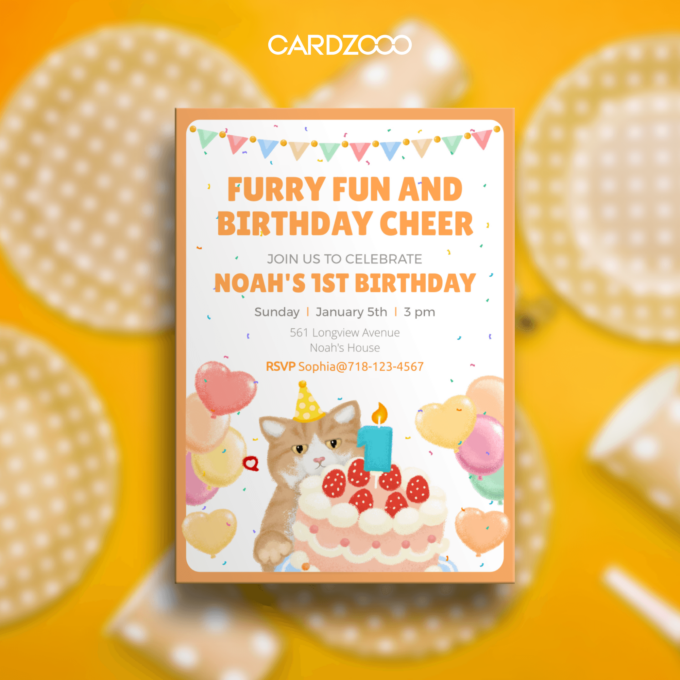 Bring “furry fun and birthday cheer” to life with this adorable Cat-Themed 1st Birthday Invitation! 🎂🐾 Featuring a playful orange kitten with a party hat, a festive birthday cake with a “1” candle, colorful balloons, and confetti, this design exudes joy and celebration. Perfect for making Noah’s milestone birthday extra special!