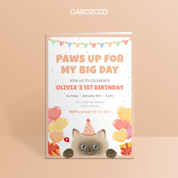 Cute Siamese Cat With Hat and Balloons, For the 1st Birthday Party Invitation With RSVP, CARDZOOO Fluffy Series With RSVP, Pink theme, Digital Download Editable