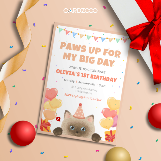 Celebrate Olivia's big day with this adorable Cat-Themed 1st Birthday Invitation! 🐾 Featuring a sweet brown kitten wearing a pink party hat, surrounded by pastel balloons, confetti, and festive bunting, this design is both heartwarming and cheerful. Perfect for setting a playful and loving tone for a special milestone celebration.