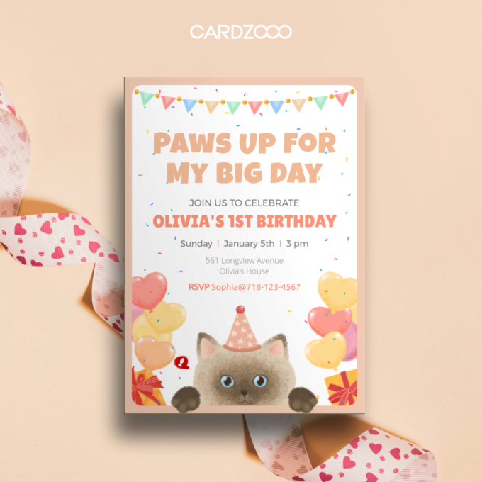 Cute Siamese Cat With Hat and Balloons, For the 1st Birthday Party Invitation With RSVP, CARDZOOO Fluffy Series With RSVP, Pink theme, Digital Download Editable