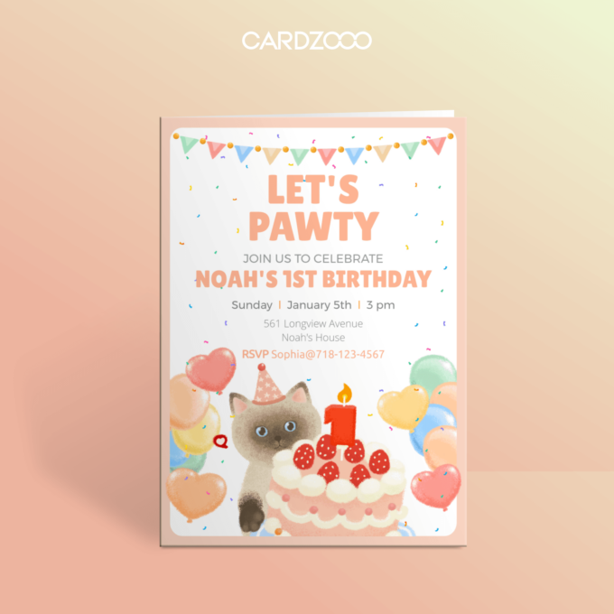 Cute Siamese Cat With Hat, Balloons and Cake, For the 1st Birthday Party Invitation With RSVP, CARDZOOO Fluffy Series With RSVP, Pink theme, Digital Download Editable