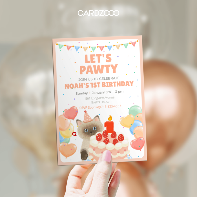 Get ready to “pawty” in style with this adorable Cat-Themed 1st Birthday Invitation! 🎂🐾 Featuring a playful brown kitten wearing a pink party hat, a festive birthday cake with a glowing “1” candle, and colorful balloons and confetti, this design sets the tone for a fun and cheerful celebration. The soft pastel palette adds a touch of sweetness, making it perfect for Noah’s special day.