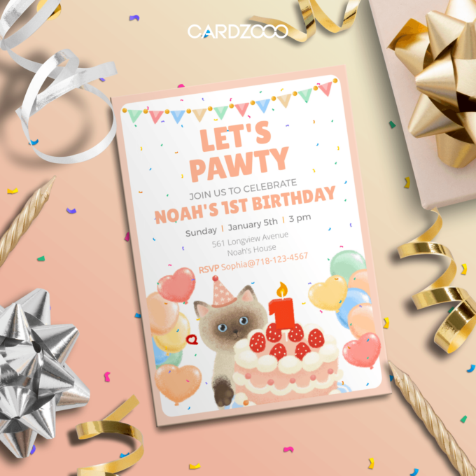 Cute Siamese Cat With Hat, Balloons and Cake, For the 1st Birthday Party Invitation With RSVP, CARDZOOO Fluffy Series With RSVP, Pink theme, Digital Download Editable