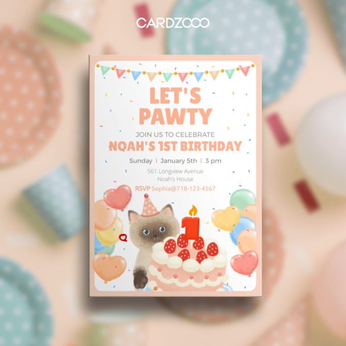 Get ready to “pawty” in style with this adorable Cat-Themed 1st Birthday Invitation! 🎂🐾 Featuring a playful brown kitten wearing a pink party hat, a festive birthday cake with a glowing “1” candle, and colorful balloons and confetti, this design sets the tone for a fun and cheerful celebration. The soft pastel palette adds a touch of sweetness, making it perfect for Noah’s special day.