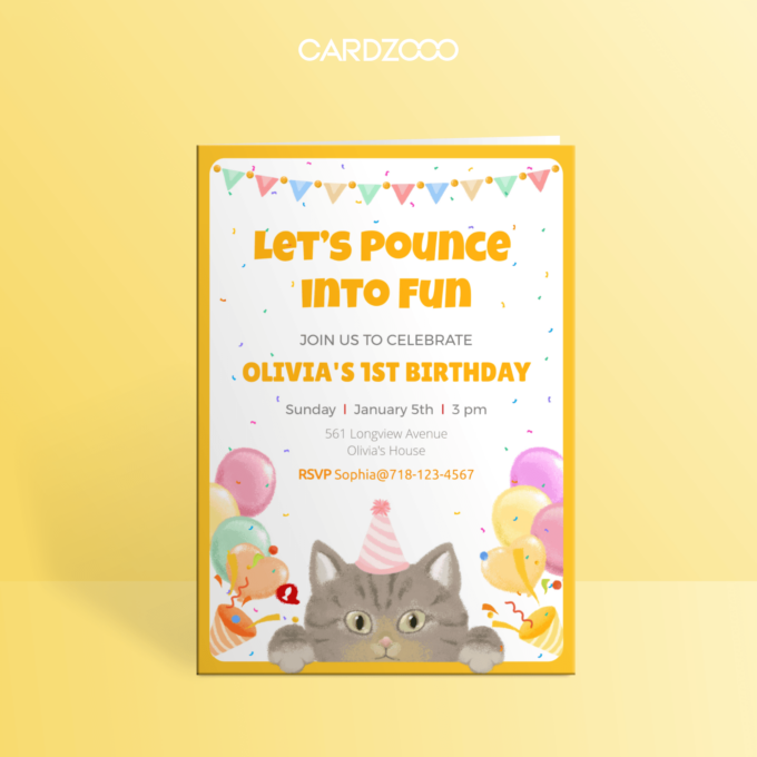 Cute Dragon Li Cat With Hat and Balloons, For the 1st Birthday Party Invitation With RSVP, CARDZOOO Fluffy Series With RSVP, Yellow theme, Digital Download Editable