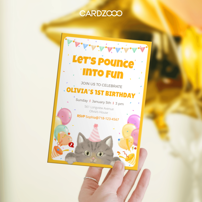 Let’s “pounce” into fun with this delightful Cat-Themed 1st Birthday Invitation! 🐾 This cheerful design features a playful gray kitten wearing a pink party hat, surrounded by vibrant balloons, festive confetti, and colorful bunting. With its sunny yellow accents, this invitation sets the perfect tone for a joyful and unforgettable celebration.