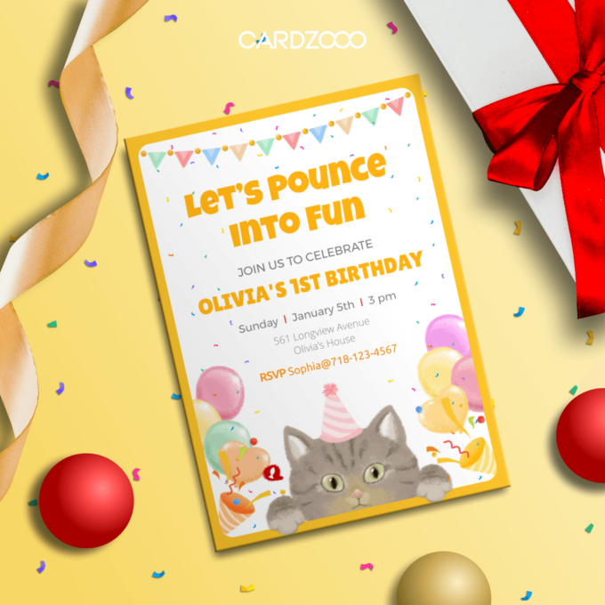 Cute Dragon Li Cat With Hat and Balloons, For the 1st Birthday Party Invitation With RSVP, CARDZOOO Fluffy Series With RSVP, Yellow theme, Digital Download Editable