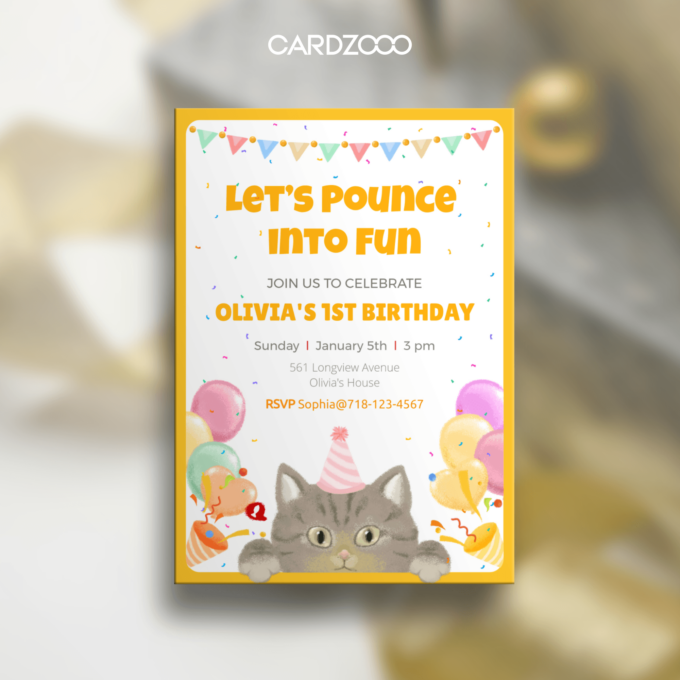 Let’s “pounce” into fun with this delightful Cat-Themed 1st Birthday Invitation! 🐾 This cheerful design features a playful gray kitten wearing a pink party hat, surrounded by vibrant balloons, festive confetti, and colorful bunting. With its sunny yellow accents, this invitation sets the perfect tone for a joyful and unforgettable celebration.