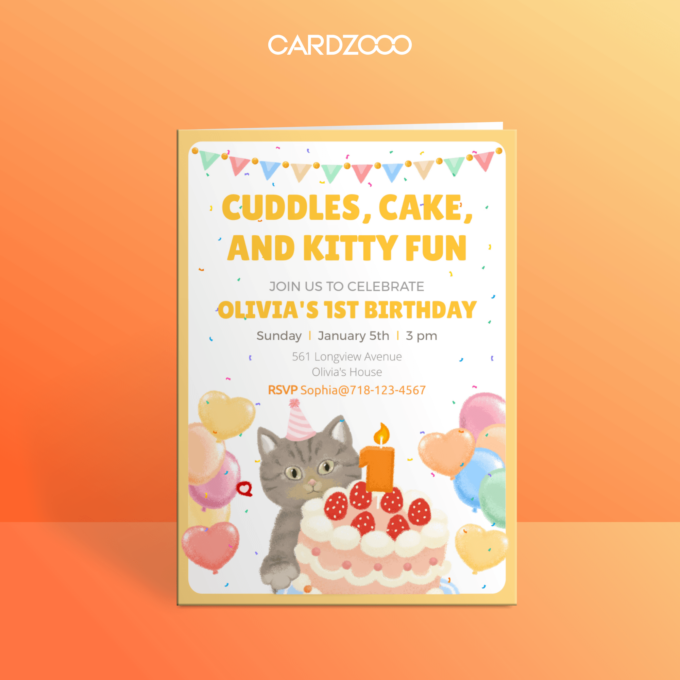 Cute Dragon Li Cat With Hat, Balloons and Cake, For the 1st Birthday Party Invitation With RSVP, CARDZOOO Fluffy Series With RSVP, Yellow theme, Digital Download Editable