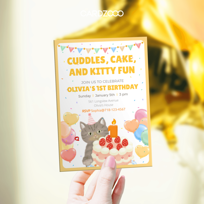 Celebrate Olivia’s special day with “Cuddles, Cake, and Kitty Fun” using this delightful Cat-Themed 1st Birthday Invitation! 🎉🐾 This vibrant design features a playful gray kitten wearing a pink party hat, a festive birthday cake with a glowing “1” candle, colorful balloons, and cheerful confetti. Perfect for a joyful and heartwarming milestone celebration.