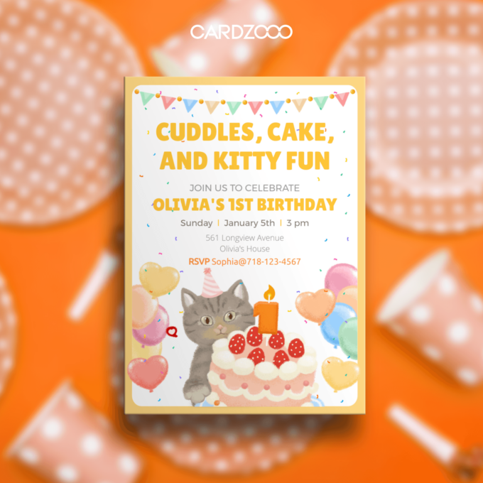 Celebrate Olivia’s special day with “Cuddles, Cake, and Kitty Fun” using this delightful Cat-Themed 1st Birthday Invitation! 🎉🐾 This vibrant design features a playful gray kitten wearing a pink party hat, a festive birthday cake with a glowing “1” candle, colorful balloons, and cheerful confetti. Perfect for a joyful and heartwarming milestone celebration.