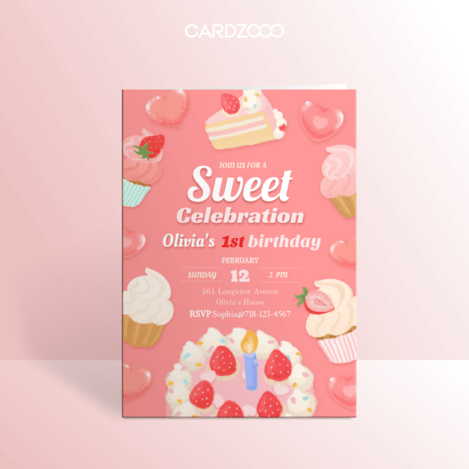 Editable Birthday Party Invitation, 1st Birthday Party Invitation with Strawberry Birthday Cake, CARDZOOO Sweet Cake Series, Pink Theme, Digital Download