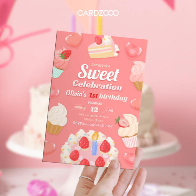 Celebrate Olivia’s 1st Birthday with a “Sweet Celebration” using this delightful dessert-themed invitation! 🍰🍓 Featuring an array of beautifully illustrated cupcakes, strawberry-topped cakes, and heart-shaped decorations, this pink-toned design radiates joy and sweetness. Perfect for setting the tone for an unforgettable milestone birthday.