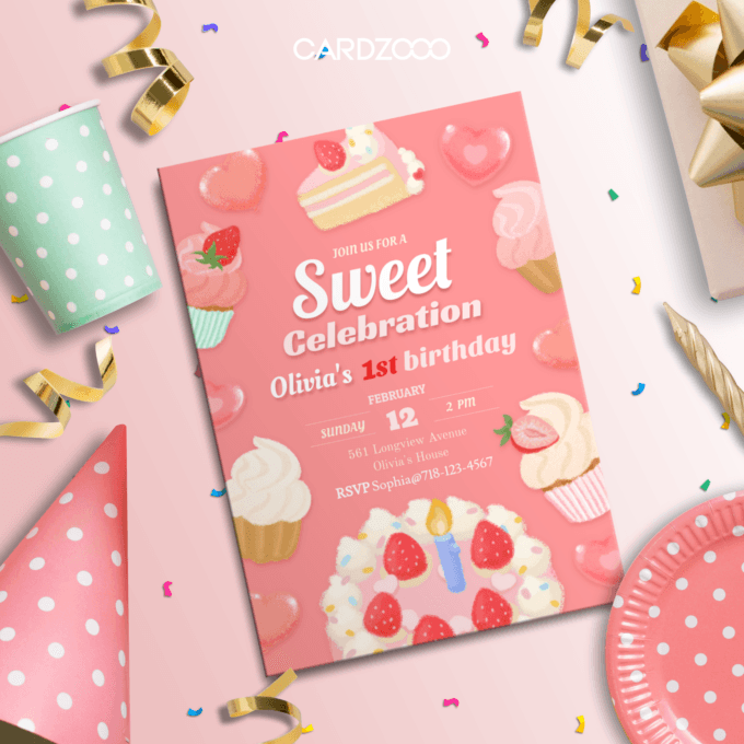 Dessert-themed digital invitation with charming pink accents. Ideal for a 1st birthday party celebration. Fully customizable and easy to print or share online.