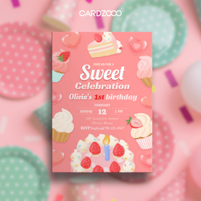 Editable Birthday Party Invitation, 1st Birthday Party Invitation with Strawberry Birthday Cake, CARDZOOO Sweet Cake Series, Pink Theme, Digital Download