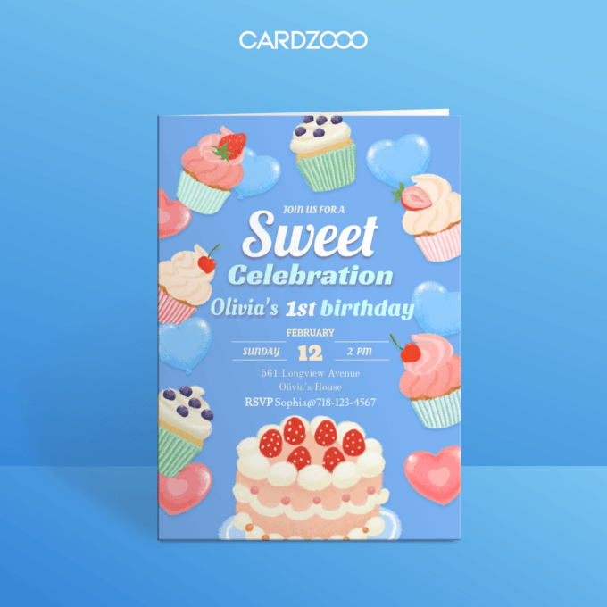 Editable Birthday Party Invitation, First Candle with Strawberry Cake, CARDZOOO Sweet Cake Series, Blue Theme, Digital Download