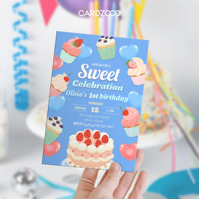 Invite everyone to a “Sweet Celebration” for Olivia’s 1st Birthday with this charming dessert-themed invitation! 🍓🧁 Featuring delightful illustrations of cupcakes, a strawberry-topped cake, and heart-shaped decorations in a vibrant blue theme, this design exudes fun and sweetness. Perfect for making Olivia’s milestone birthday extra special.