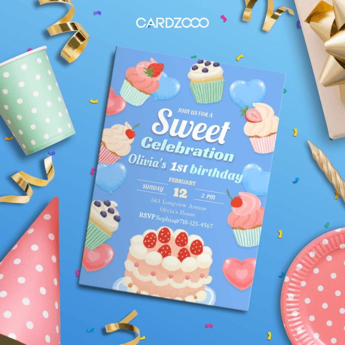 Dessert-inspired design with cheerful blue accents Ideal for a 1st birthday celebration Customizable for easy printing or digital sharing