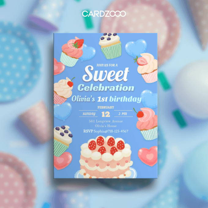 Editable Birthday Party Invitation, First Candle with Strawberry Cake, CARDZOOO Sweet Cake Series, Blue Theme, Digital Download